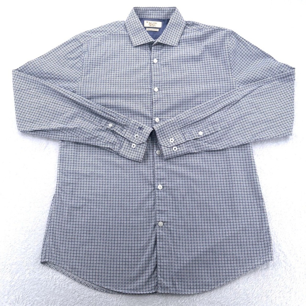 Original Penguin Mens Button Down Shirt L Blue Geometric Heritage Slim Fit